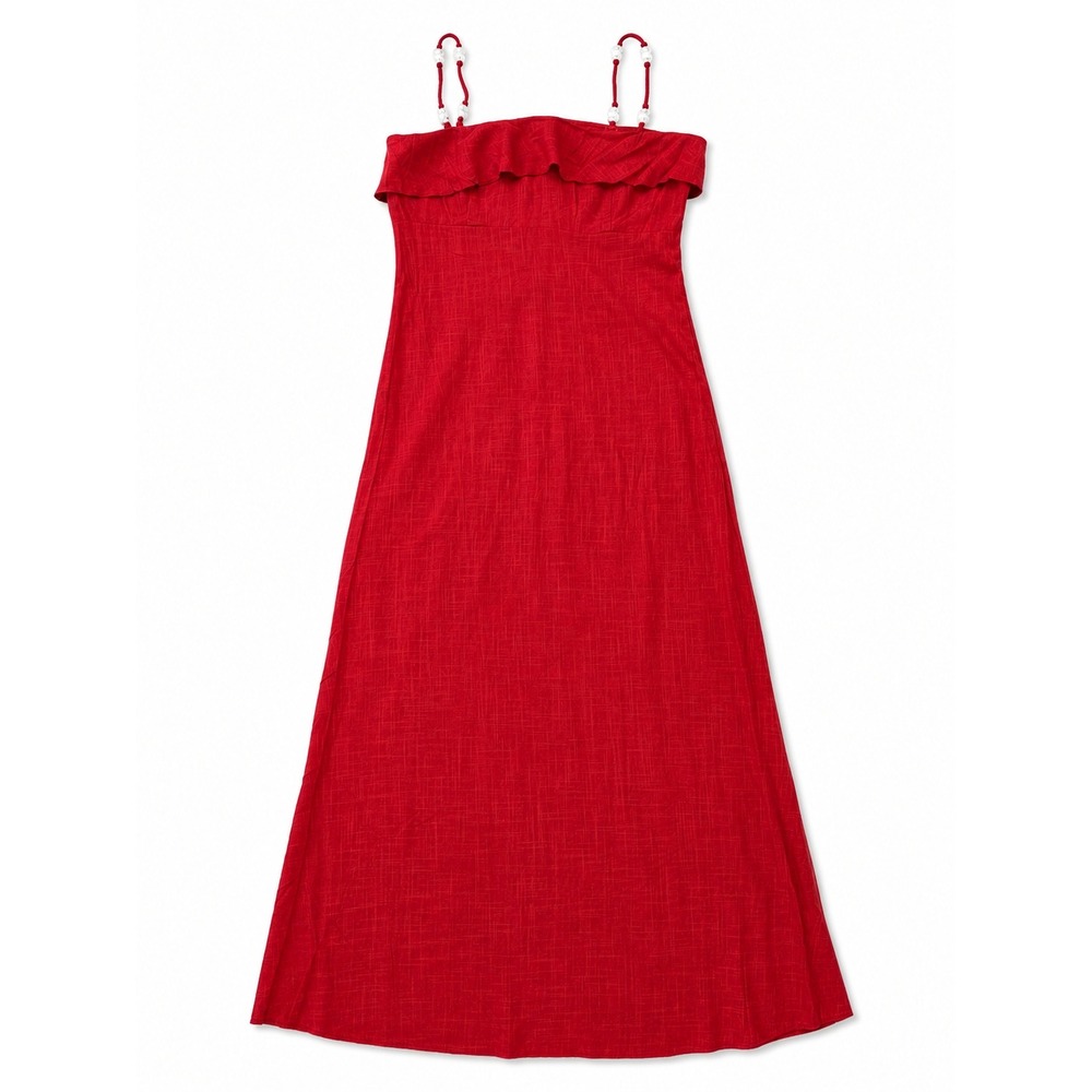 Abel The Label Red Linen Blend Pearl Strap Ruffle Maxi Dress Womens Large NWT